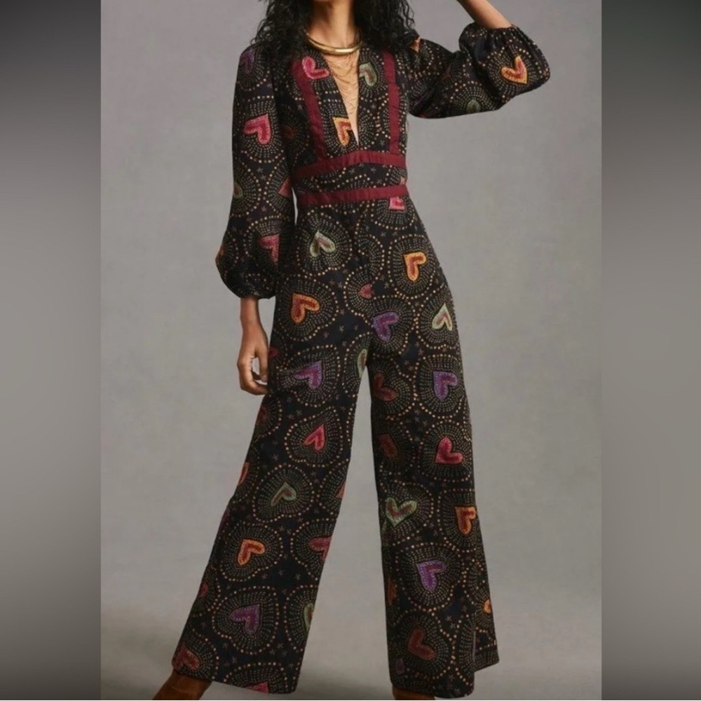 FARM Rio Black and Red Floral Jumpsuit Wide-Leg Design